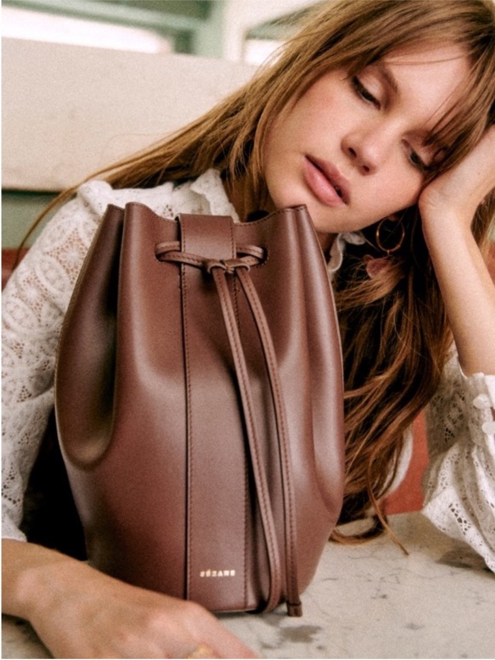 RARE! SEZANE Marcel Bucket Bag Chocolate Brown Smooth Leather - Picture 4 of 17